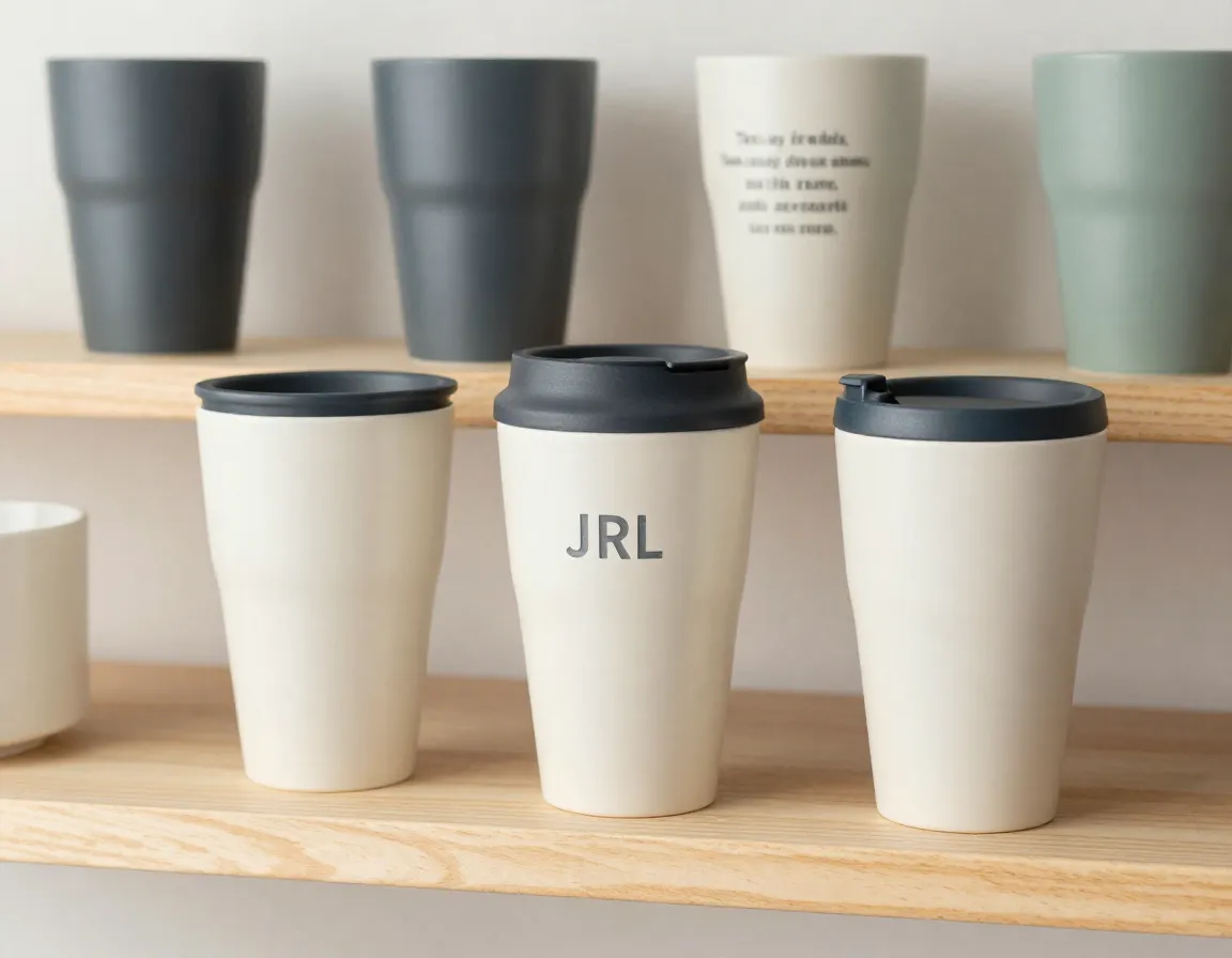 Personalized laser engraved ceramic travel mug with monogram on shelf