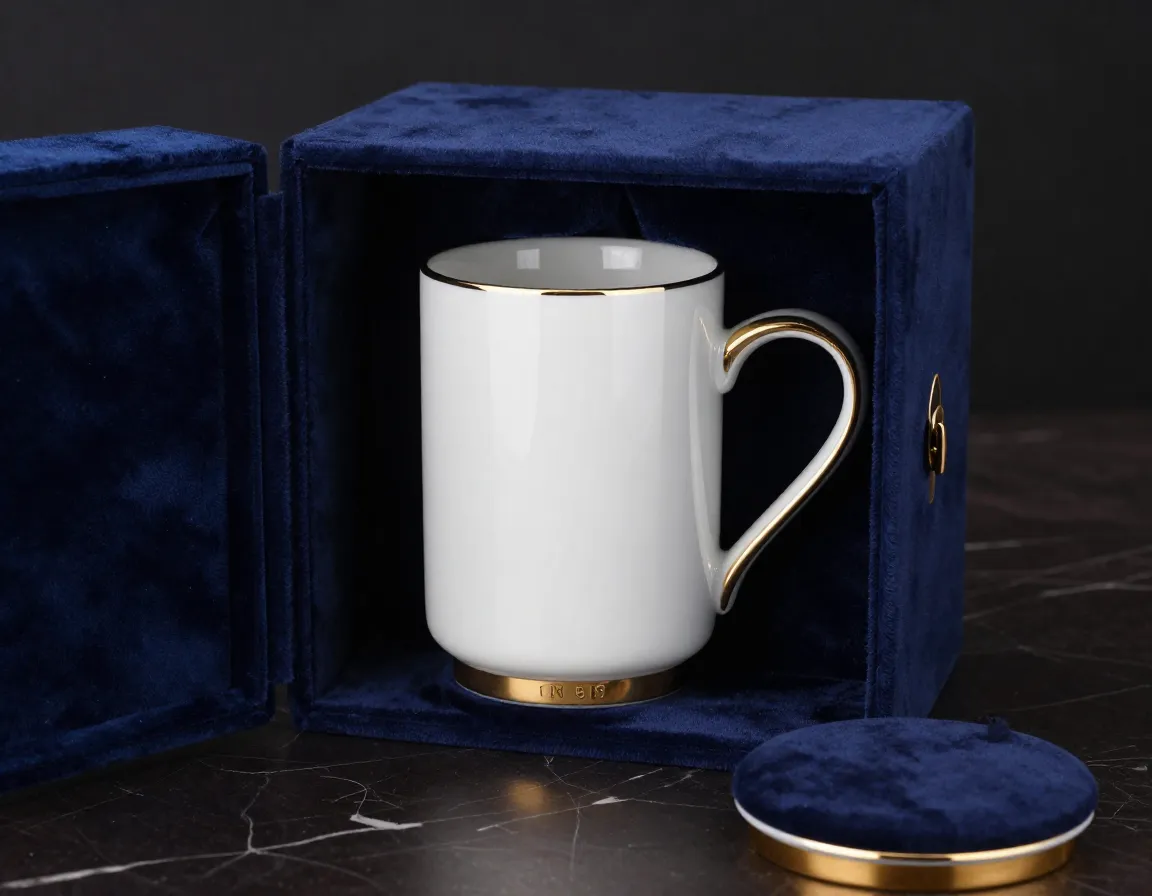 Luxury ceramic mug with gold accents in velvet box presentation