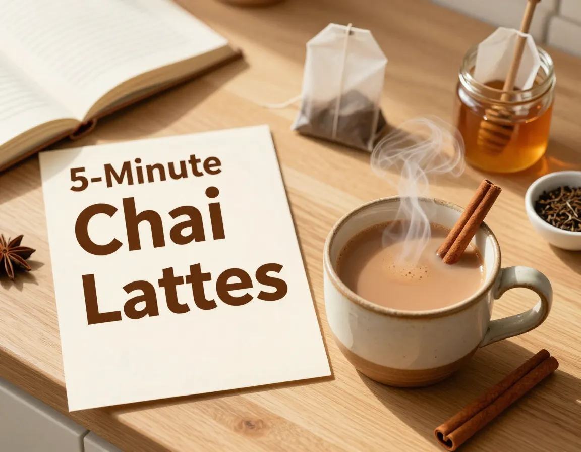 Chai latte mug spices recipe card cozy kitchen flatlay