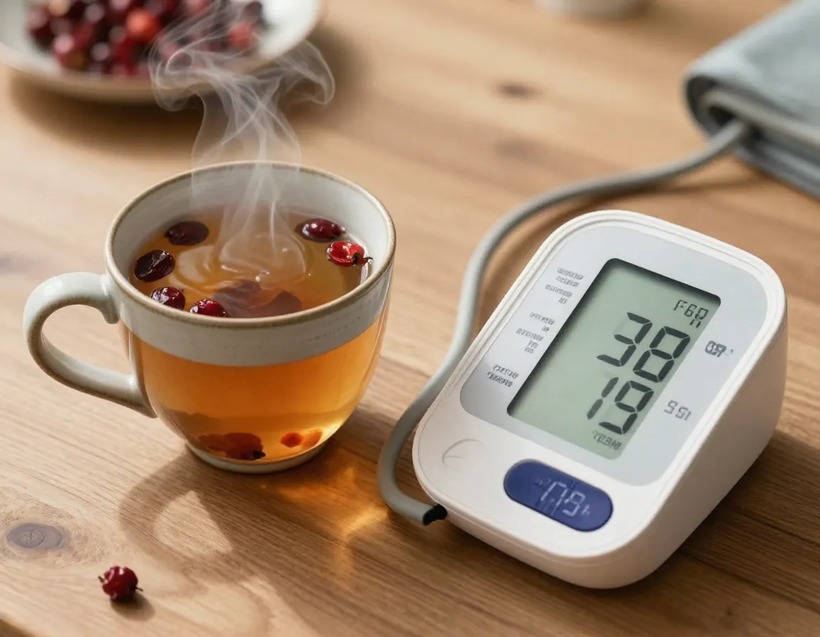 Cup of hawthorn tea lowering blood pressure on a digital monitor