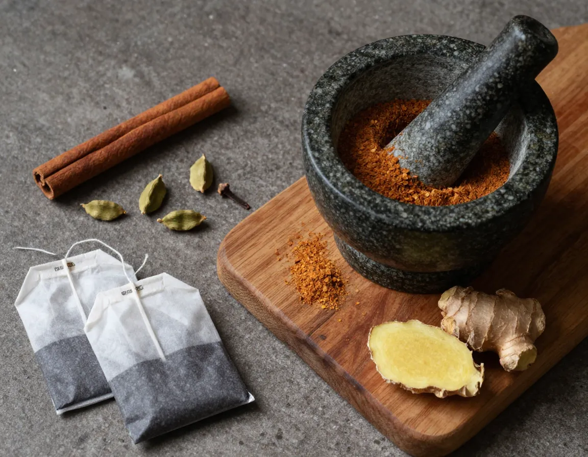 Masala chai express whole milk spices crushed in mortar