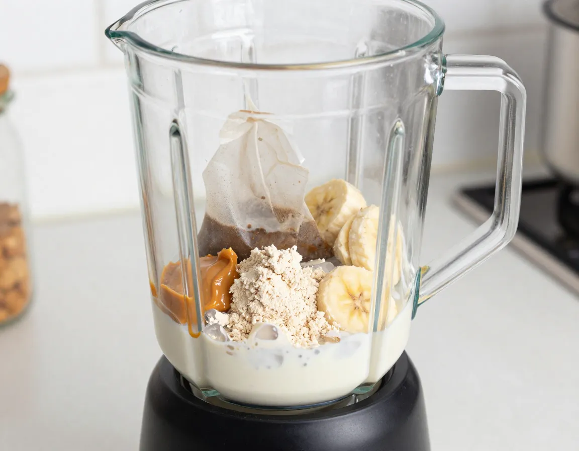 High protein chai power latte blender with ingredients
