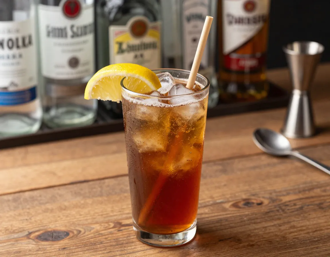 Original long island iced tea in a highball glass on a wooden bar