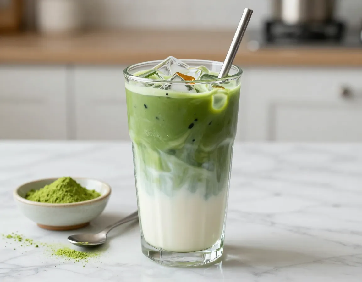 Creamy iced matcha latte in glass with milk swirl