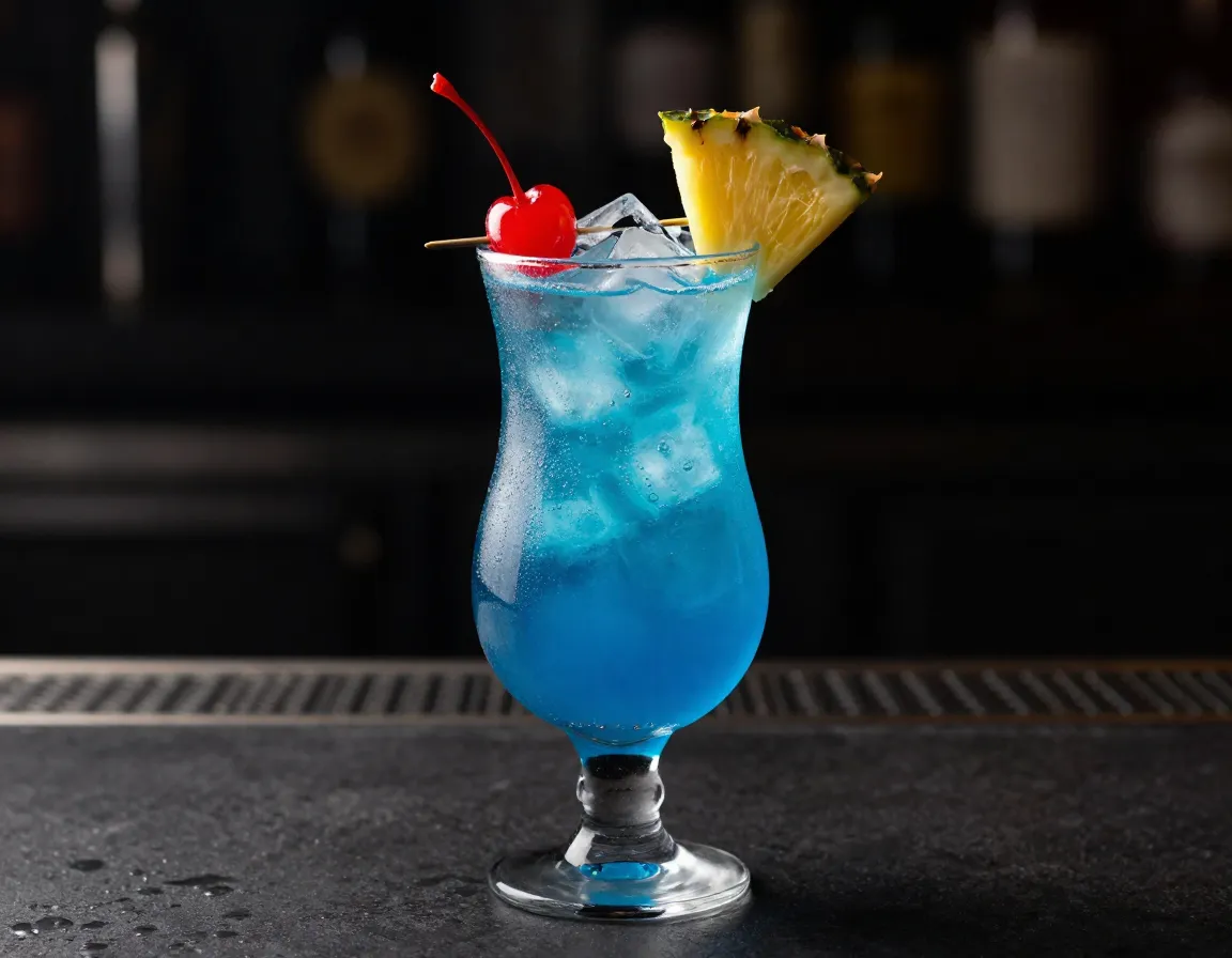 Amf blue bomber cocktail in a hurricane glass with garnish