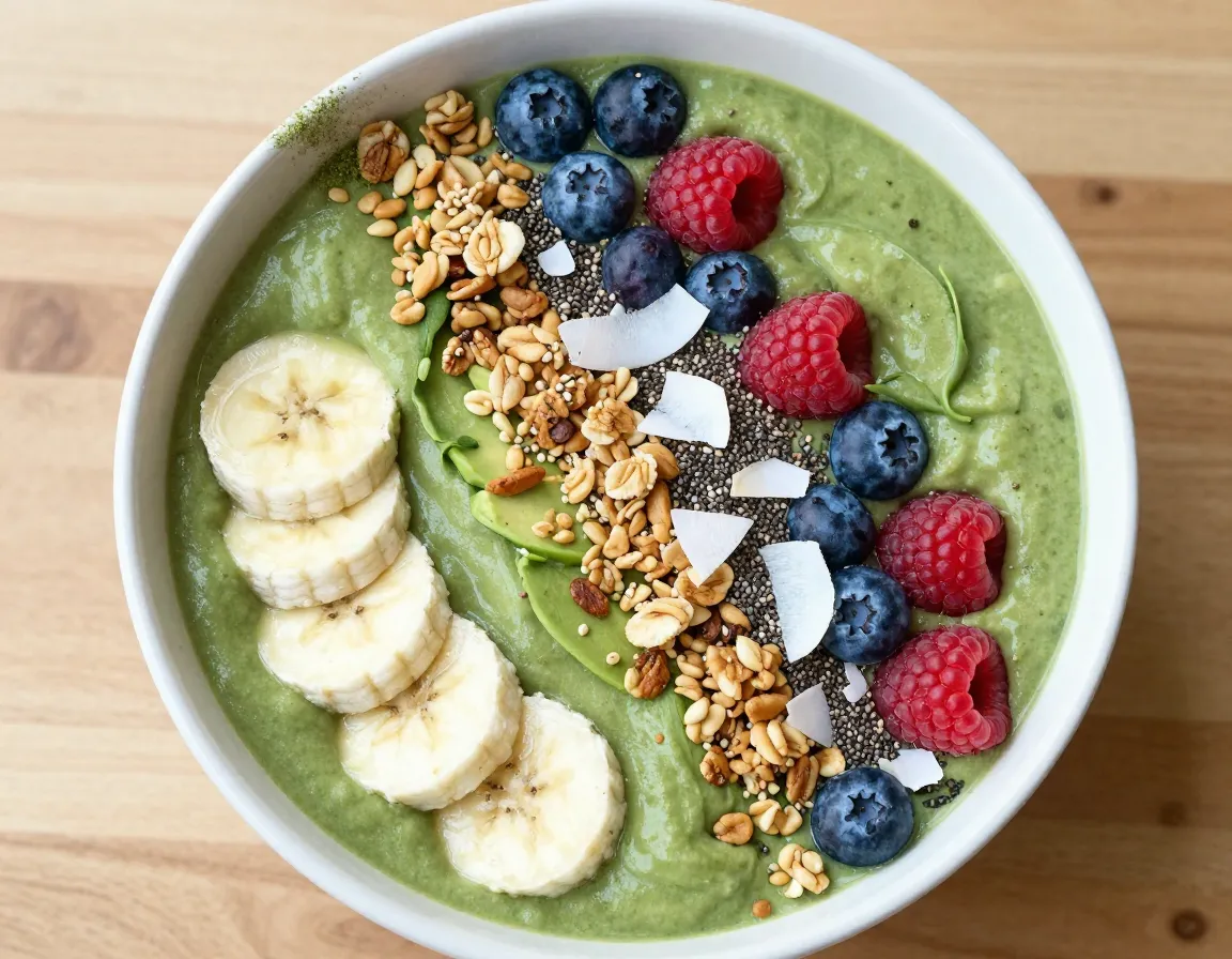 Thick green matcha smoothie bowl with fruit toppings
