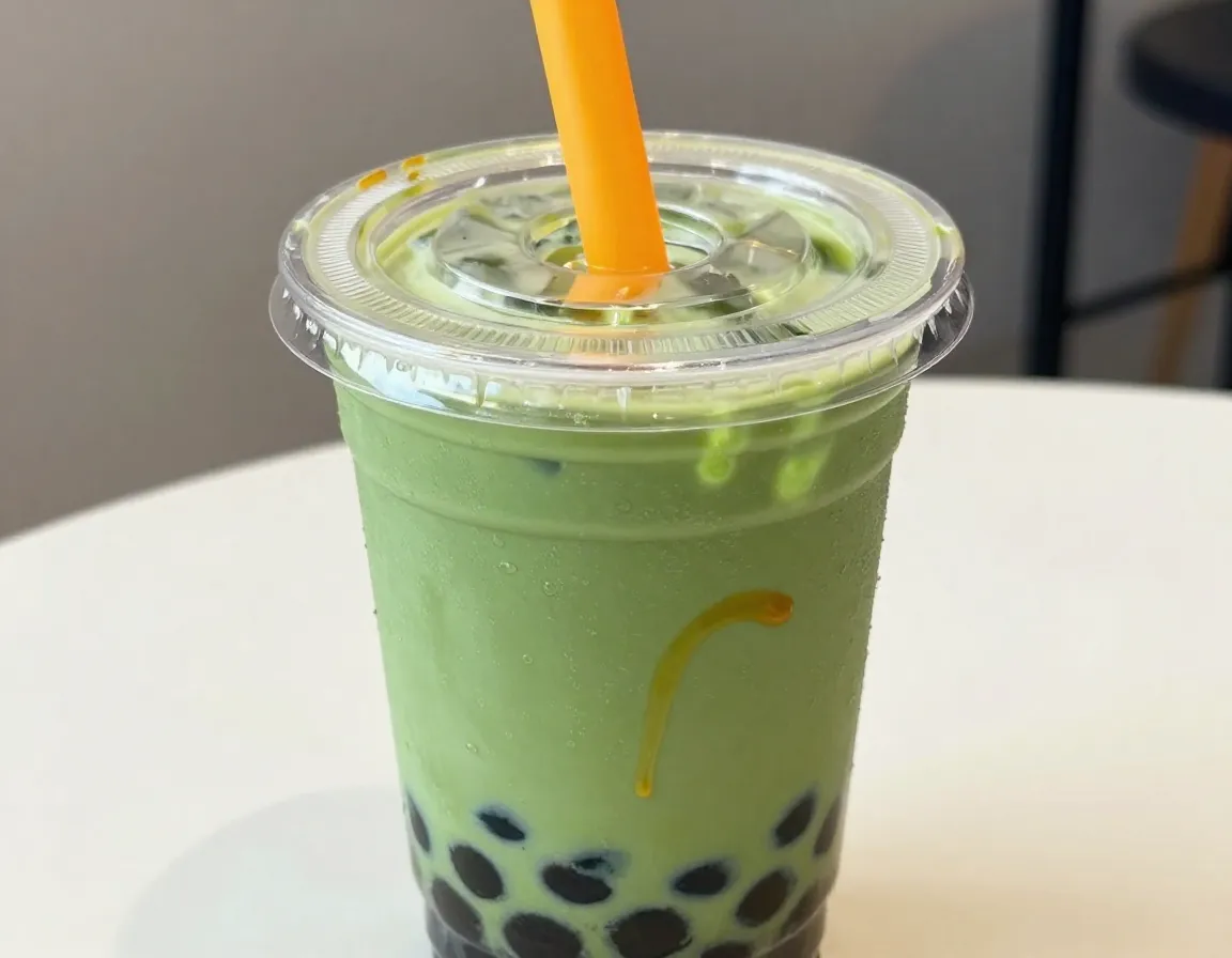 Iced matcha bubble tea with tapioca pearls and wide straw