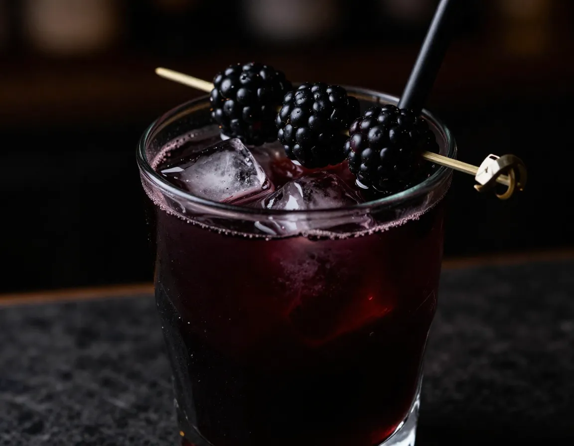 Black widow dark cocktail in a black glass with blackberries