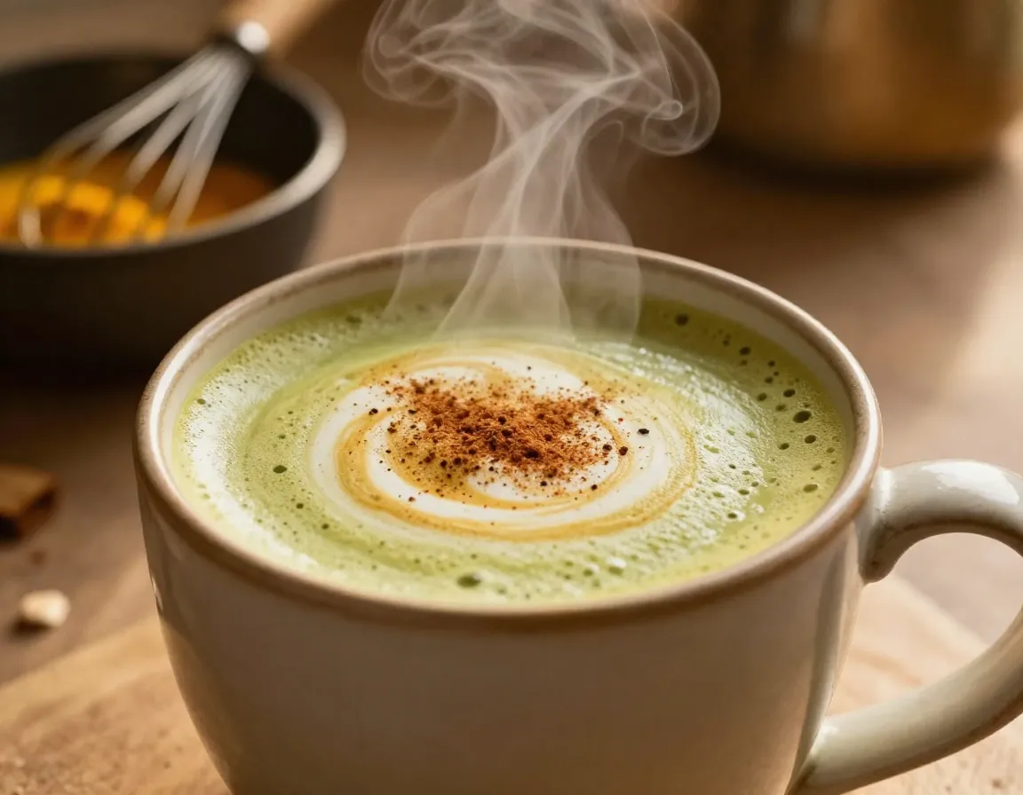 Steaming golden matcha turmeric latte in ceramic mug