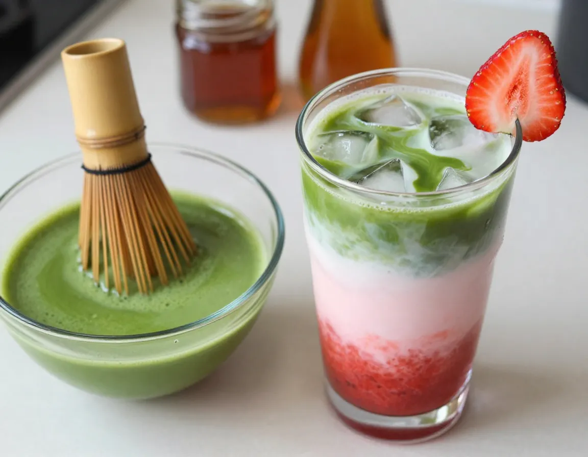 Ceremonial grade matcha whisked in bowl next to glass of layered strawberry puree milk and matcha