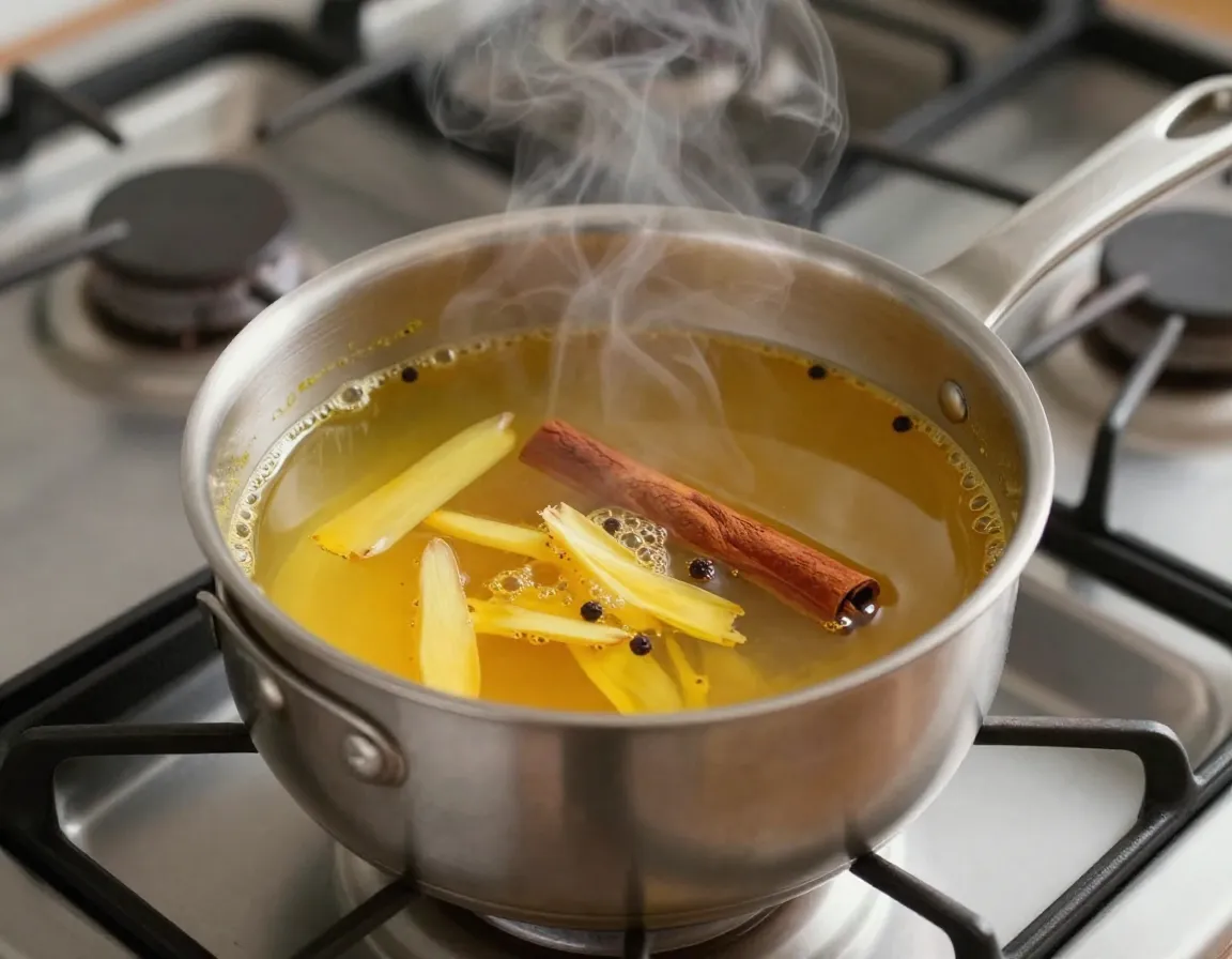 Anti inflammatory turmeric ginger tea simmering in a saucepan