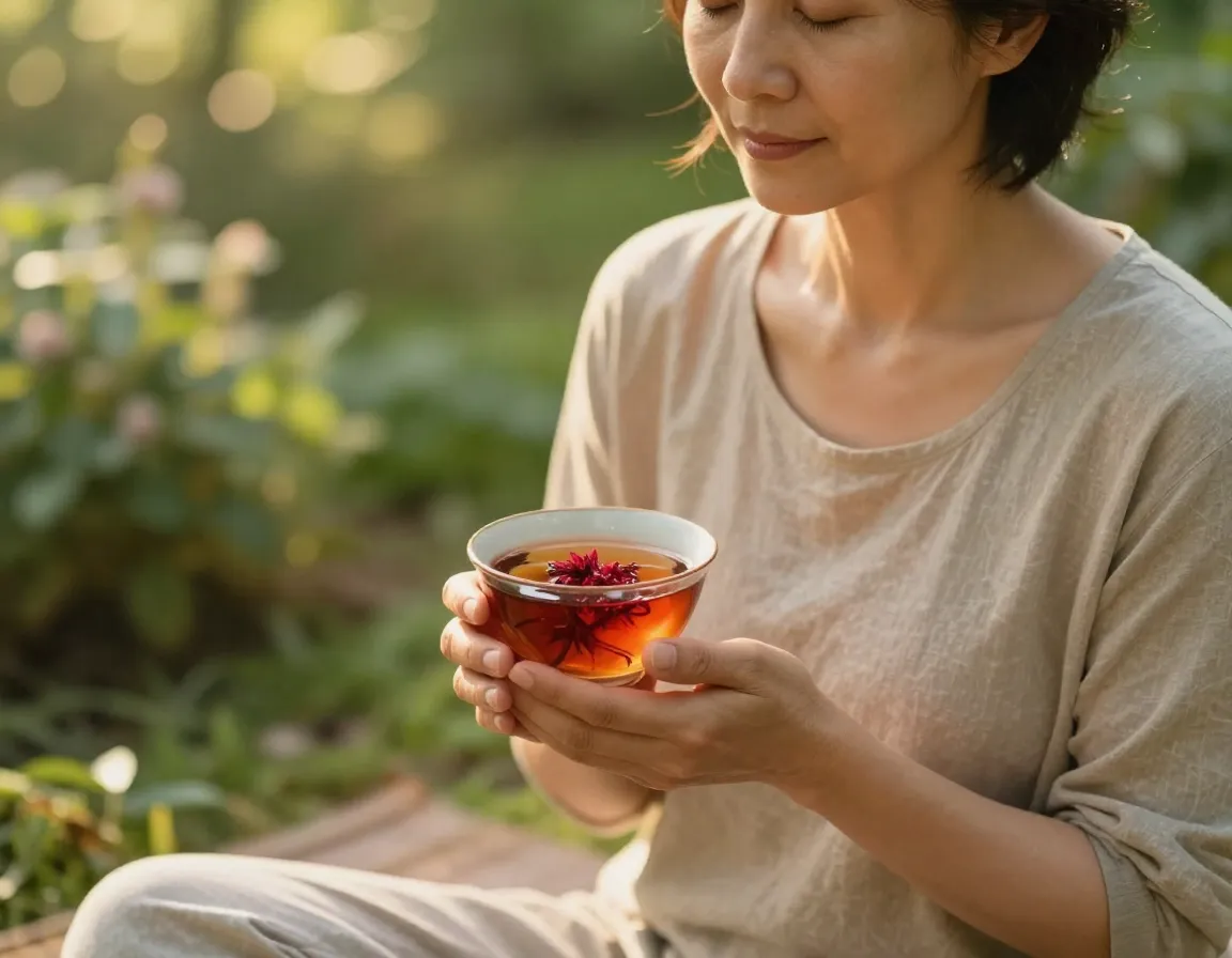 Peaceful woman meditation practice red clover tea serenity calm