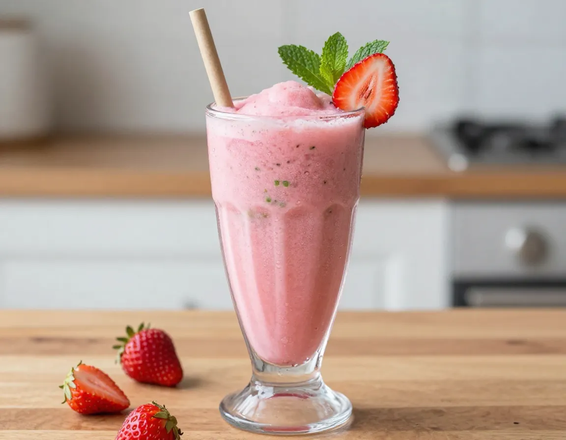 Thick pink frozen strawberry matcha frappe in tall glass with straw and strawberry garnish