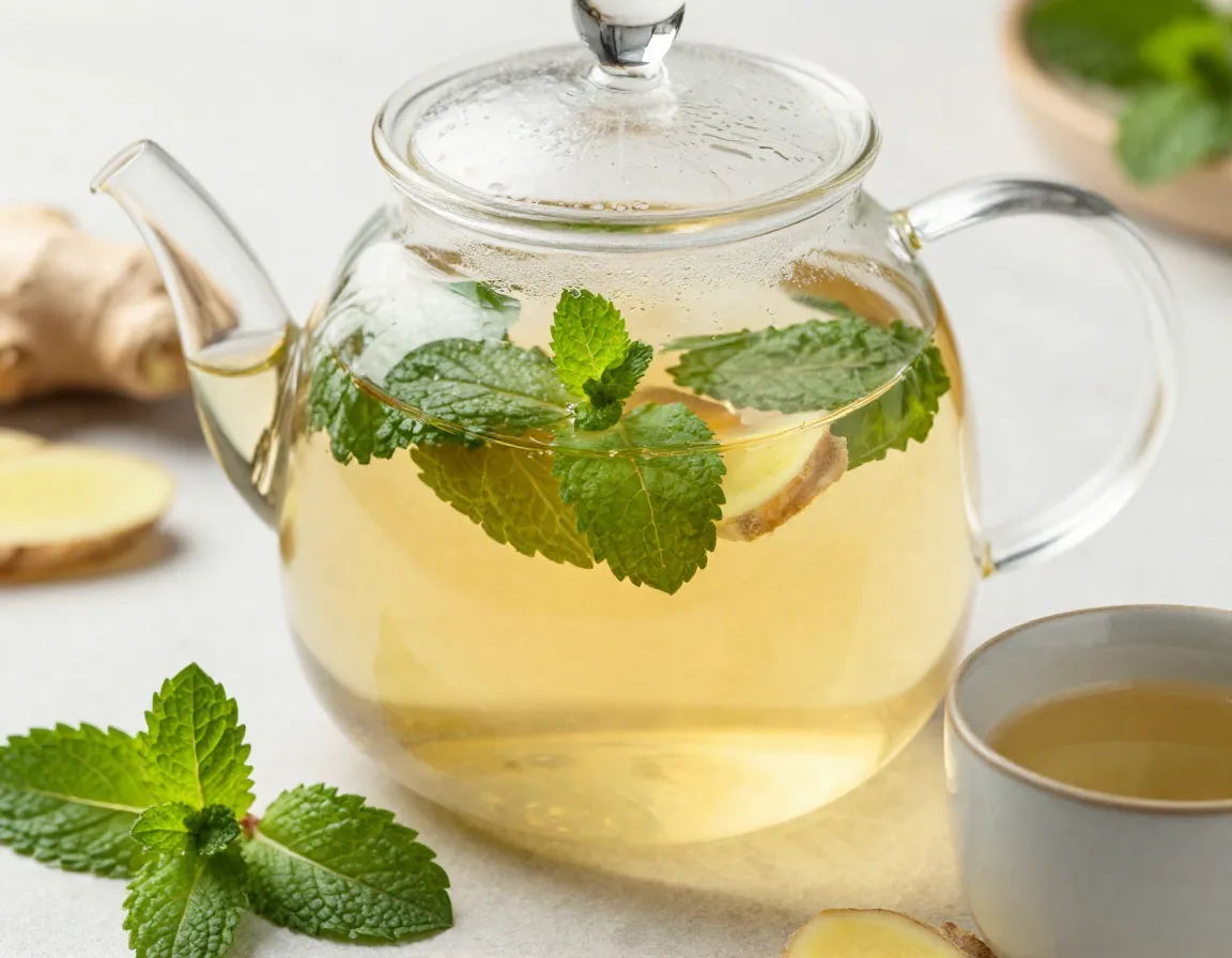 Morning sickness relief ginger mint tea with fresh leaves