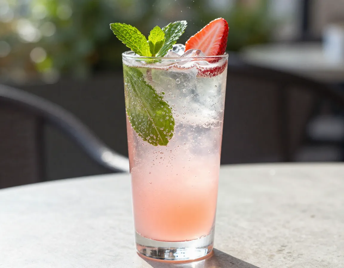 Sparkling strawberry matcha refresher in tall glass with bubbles rising and mint sprig