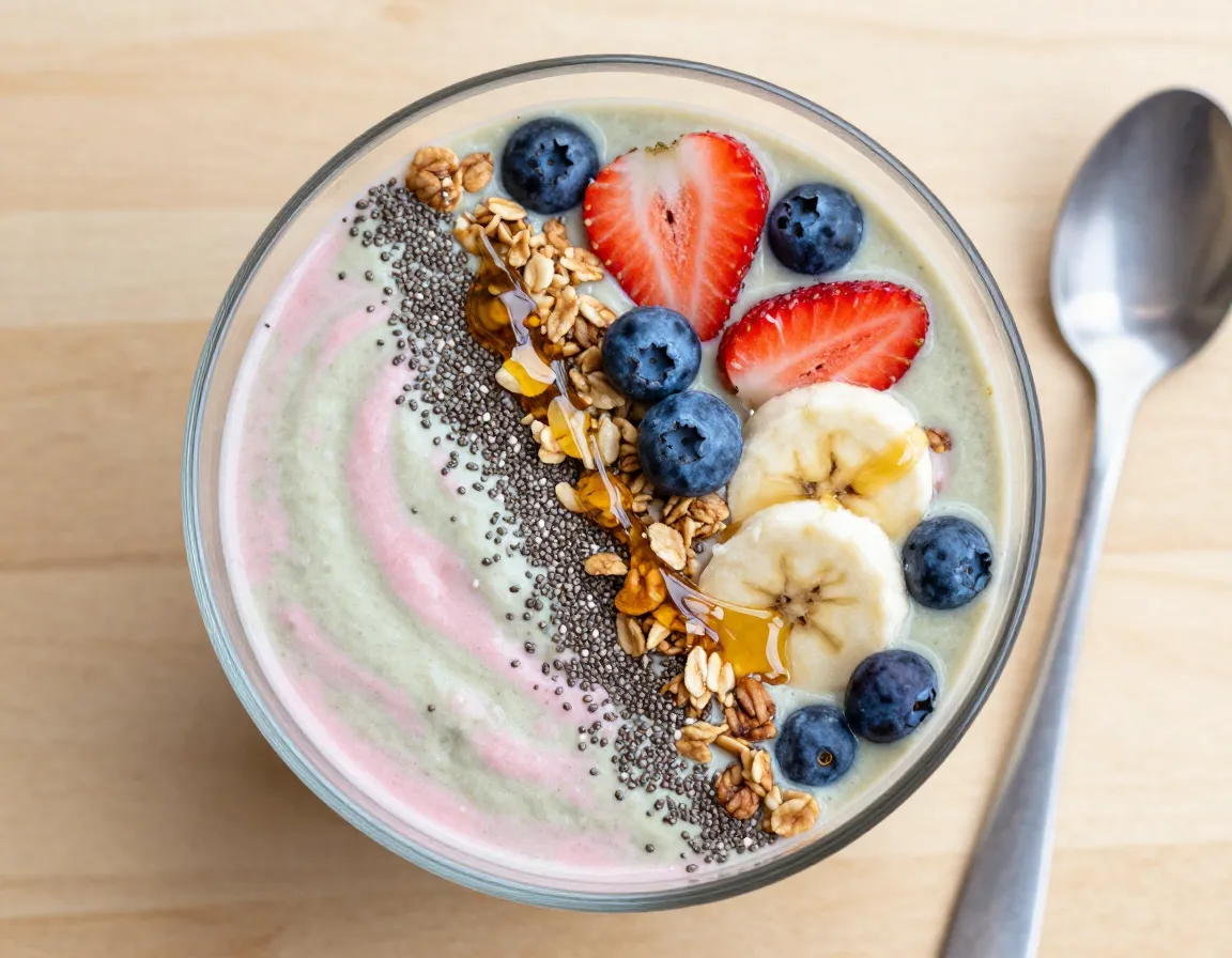 Dense strawberry matcha smoothie bowl in glass topped with chia seeds granola and fruit
