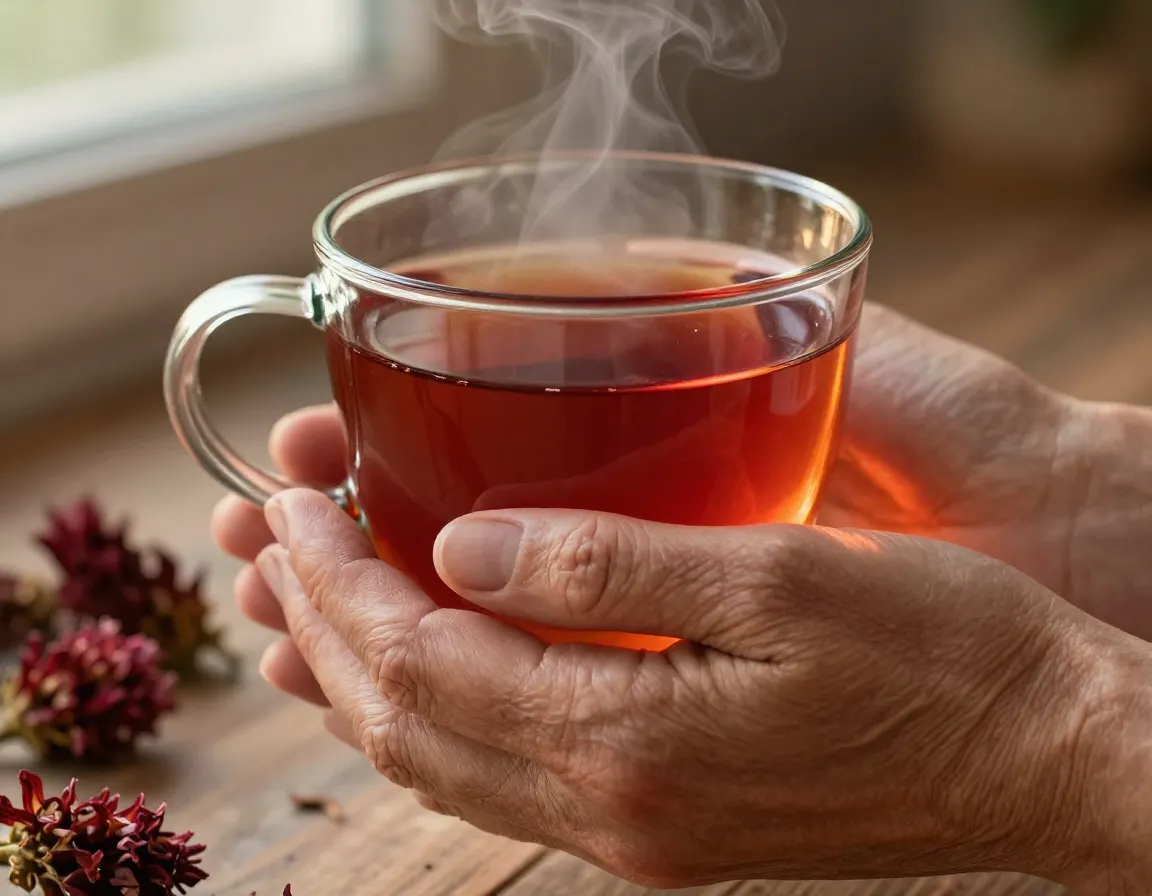 Healthy circulation hands holding red clover tea warmth flow