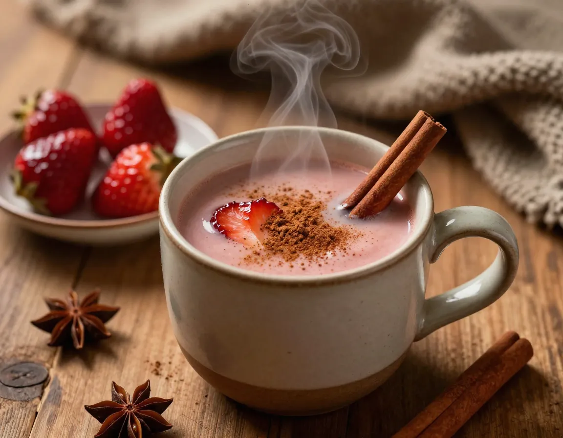Steaming spiced strawberry matcha chai latte in mug with cinnamon stick and roasted strawberries