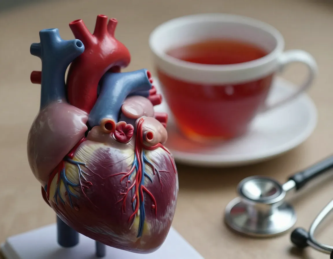 A close up of a healthy human heart model with a teacup background