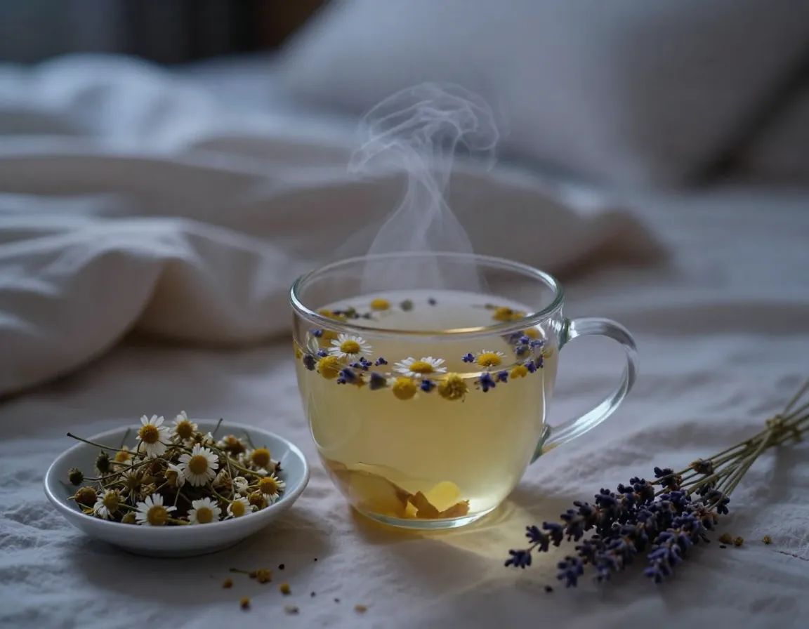 Calming ginger chamomile lavender evening tea before bed