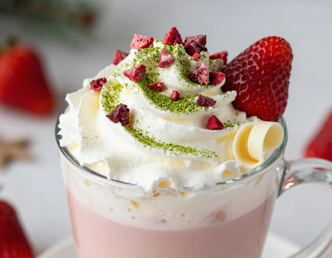Indulgent strawberry matcha white hot chocolate topped with whipped cream and freeze dried strawberries