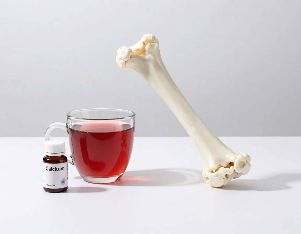 A strong bone structure model with a cup of red clover tea