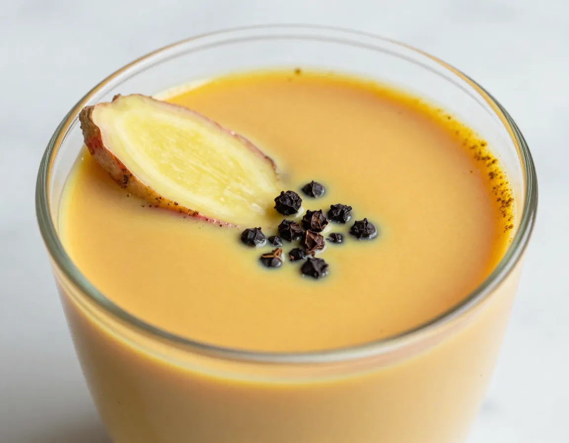 Golden turmeric strawberry matcha latte in cup with ginger slice and black peppercorns