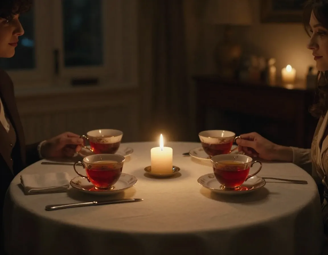 A romantic candlelit dinner setting with two teacups on the table