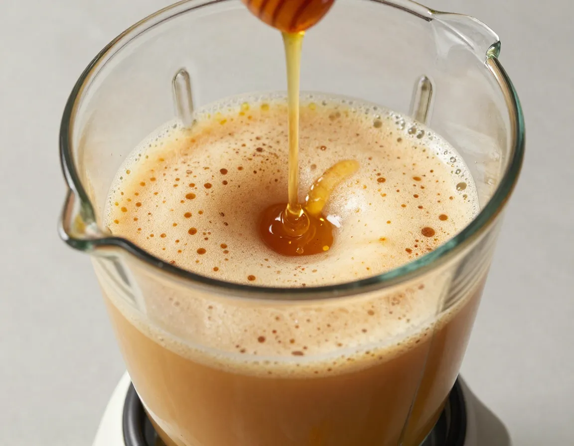 Adaptogenic ginger ashwagandha tea blended frothy in blender