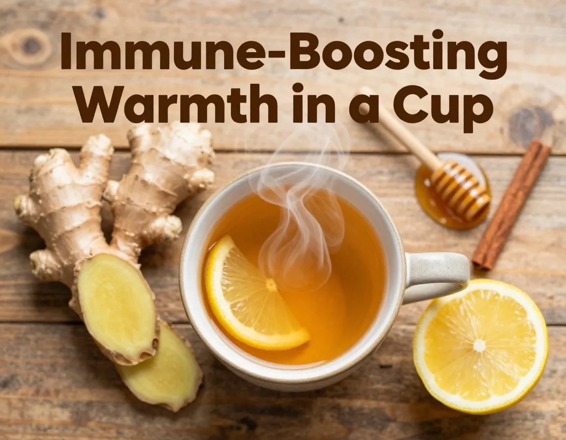 Steaming ginger lemon tea with fresh ingredients flat lay