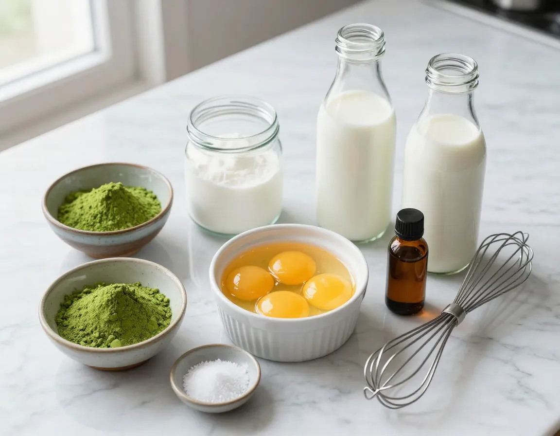 High quality ingredients arranged on marble countertop for matcha ice cream recipe
