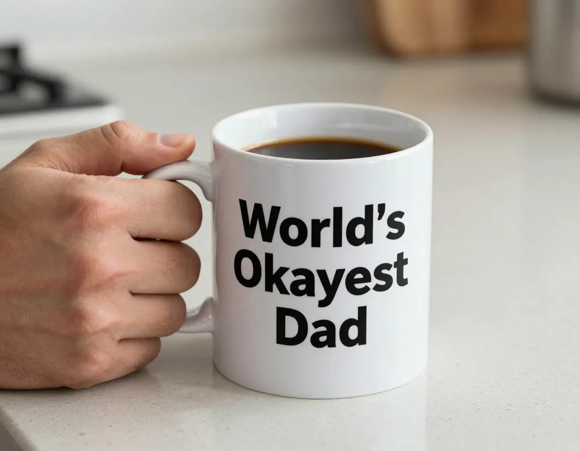 Worlds okayest dad white ceramic mug in morning kitchen setting