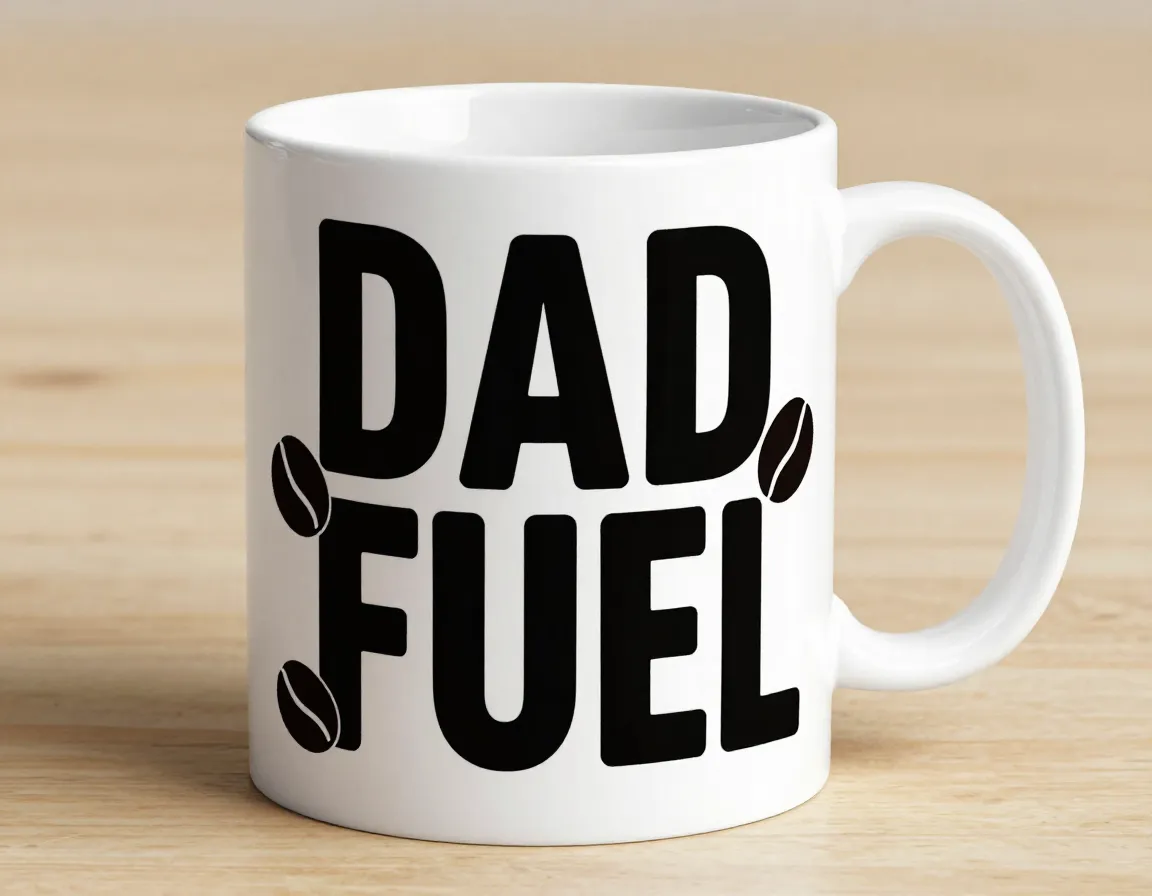 Dad fuel mug with bold typography and coffee bean graphics