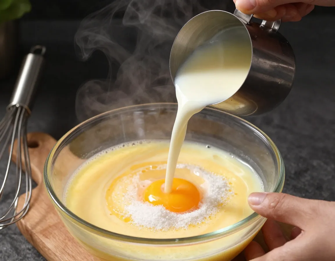 Hand tempering eggs by slowly pouring hot milk into yolk mixture
