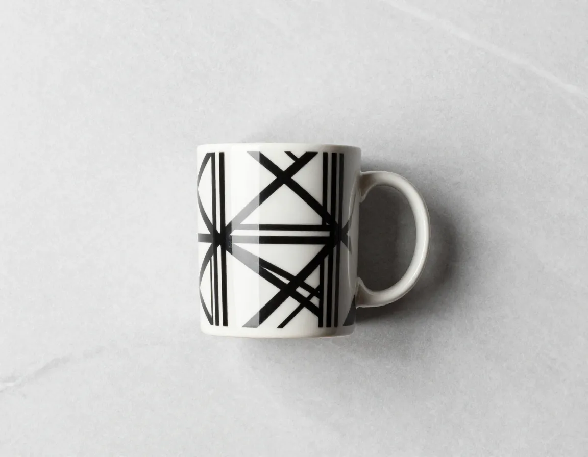 Minimalist geometric pattern mug on modern desk clean aesthetic