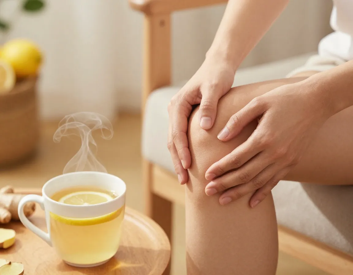 Person massaging knee with ginger tea on table for arthritis pain relief