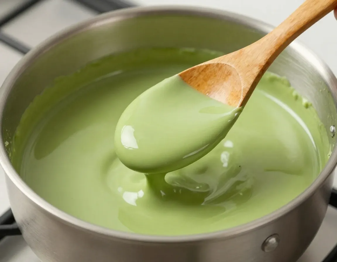 Wooden spoon coated with cooked matcha custard base in saucepan