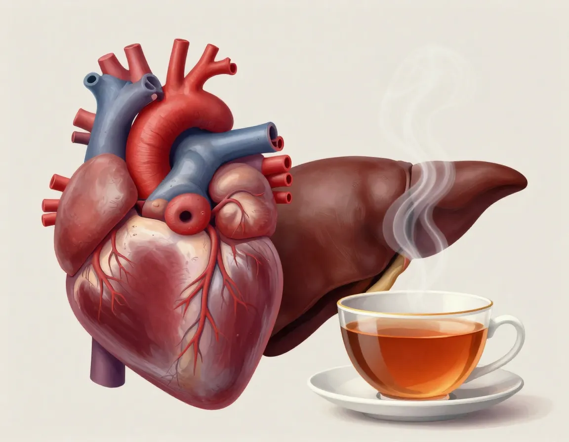 Artistic cross section of a healthy human heart and liver with tea