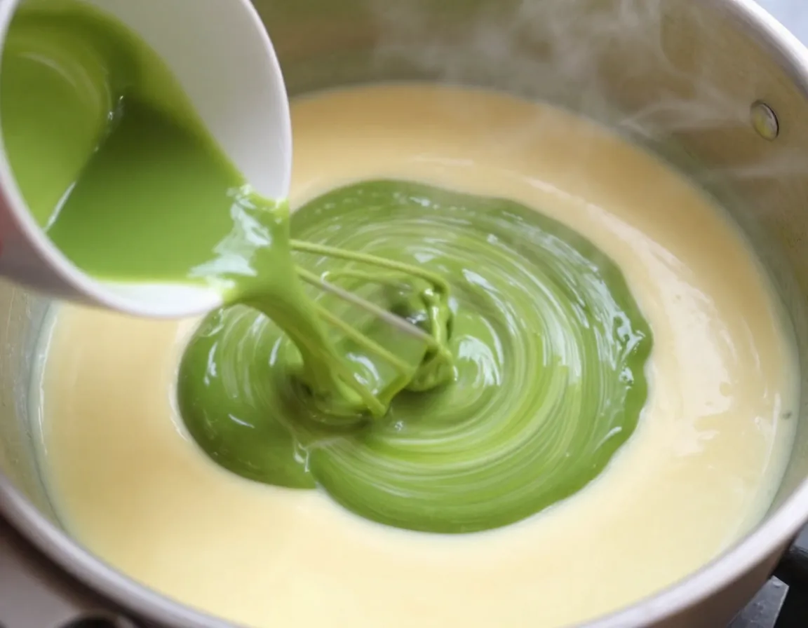 Whisking vibrant green matcha paste into hot vanilla custard base