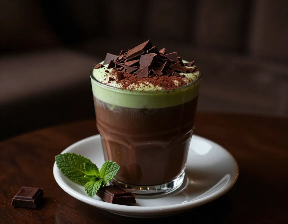 Chocolate mint iced matcha indulgence with dark chocolate shavings