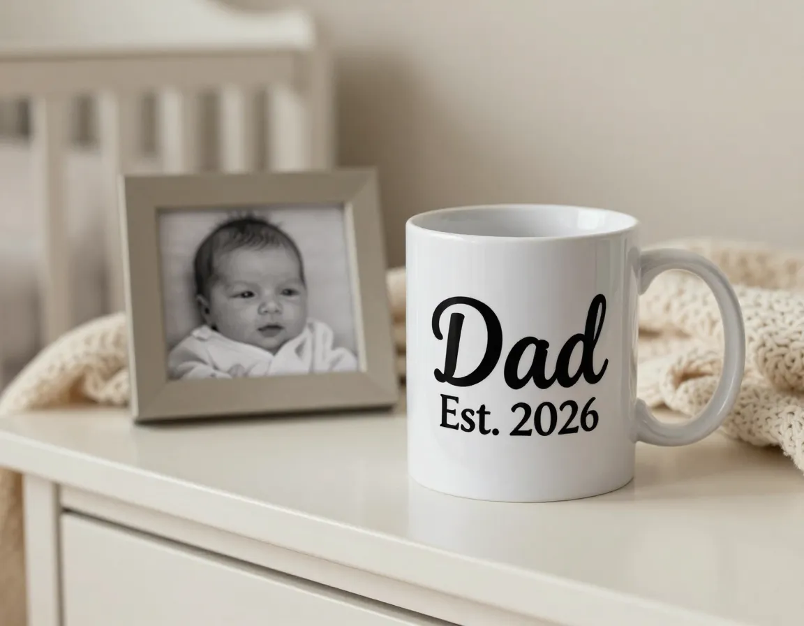 Dad est 2026 new father mug with baby photo nearby