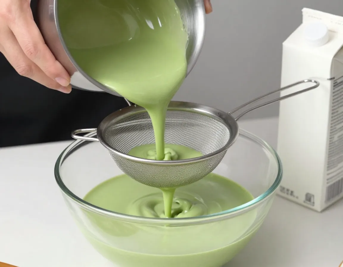 Straining green matcha custard through fine mesh sieve into bowl