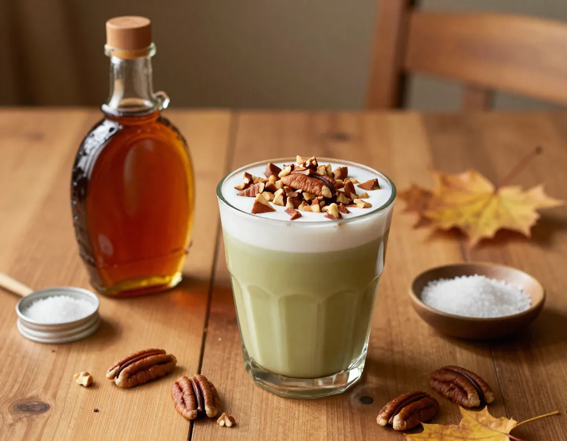 Maple pecan iced matcha autumn with chopped pecans