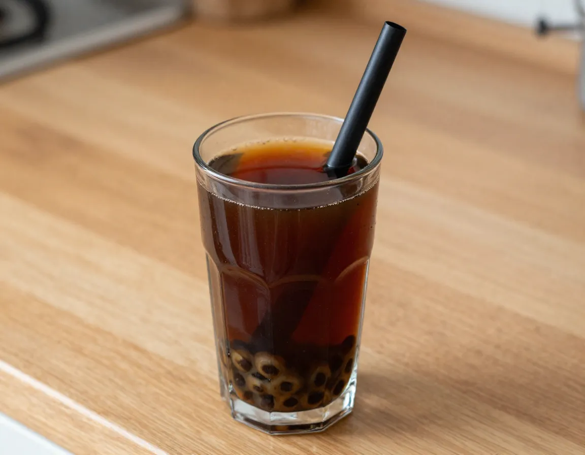 Classic black milk tea in clear glass with warm tapioca pearls