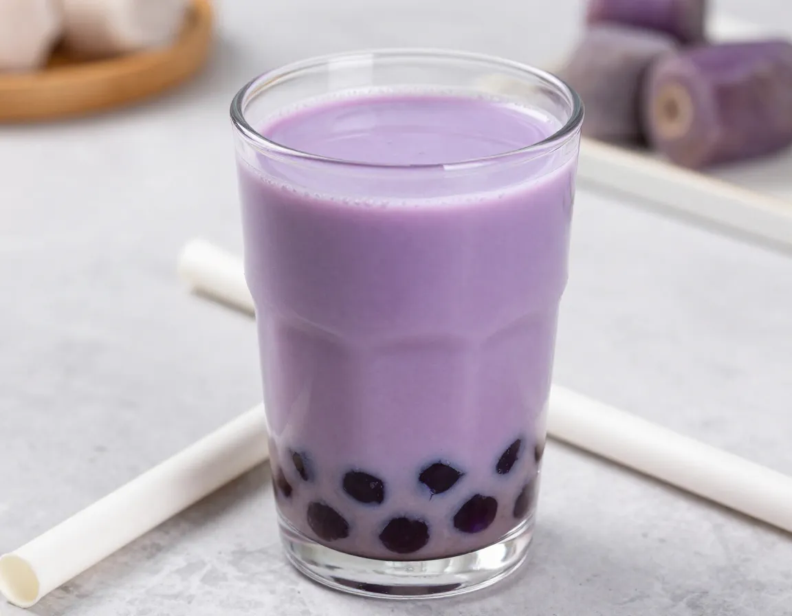 Traditional purple taro milk tea with visible tapioca pearls