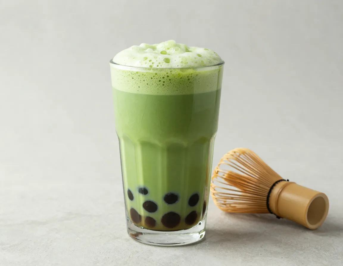 Frothy vibrant green matcha milk tea with boba pearls
