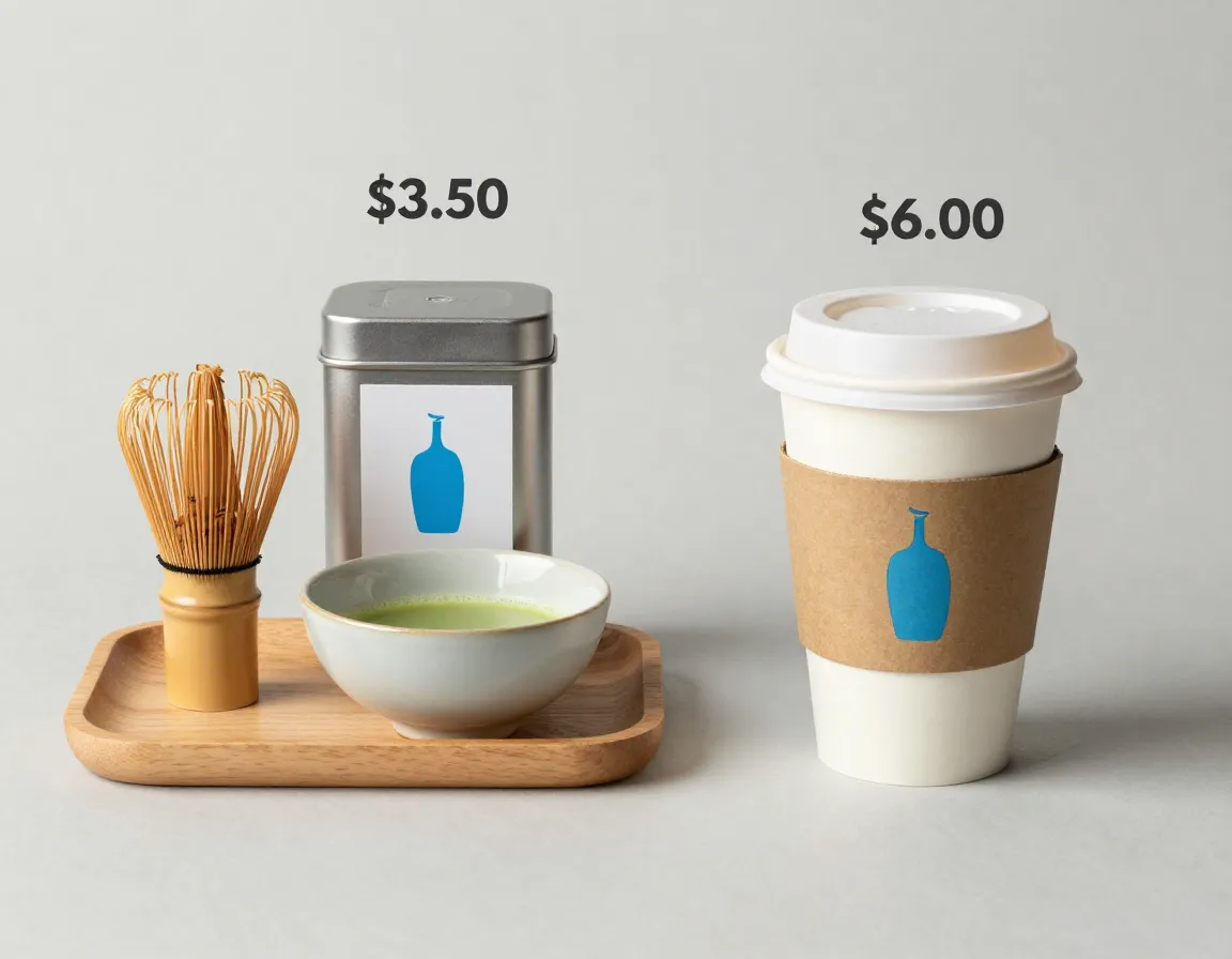 Premium value blue bottle matcha tin and whisk set compared to coffee shop cup