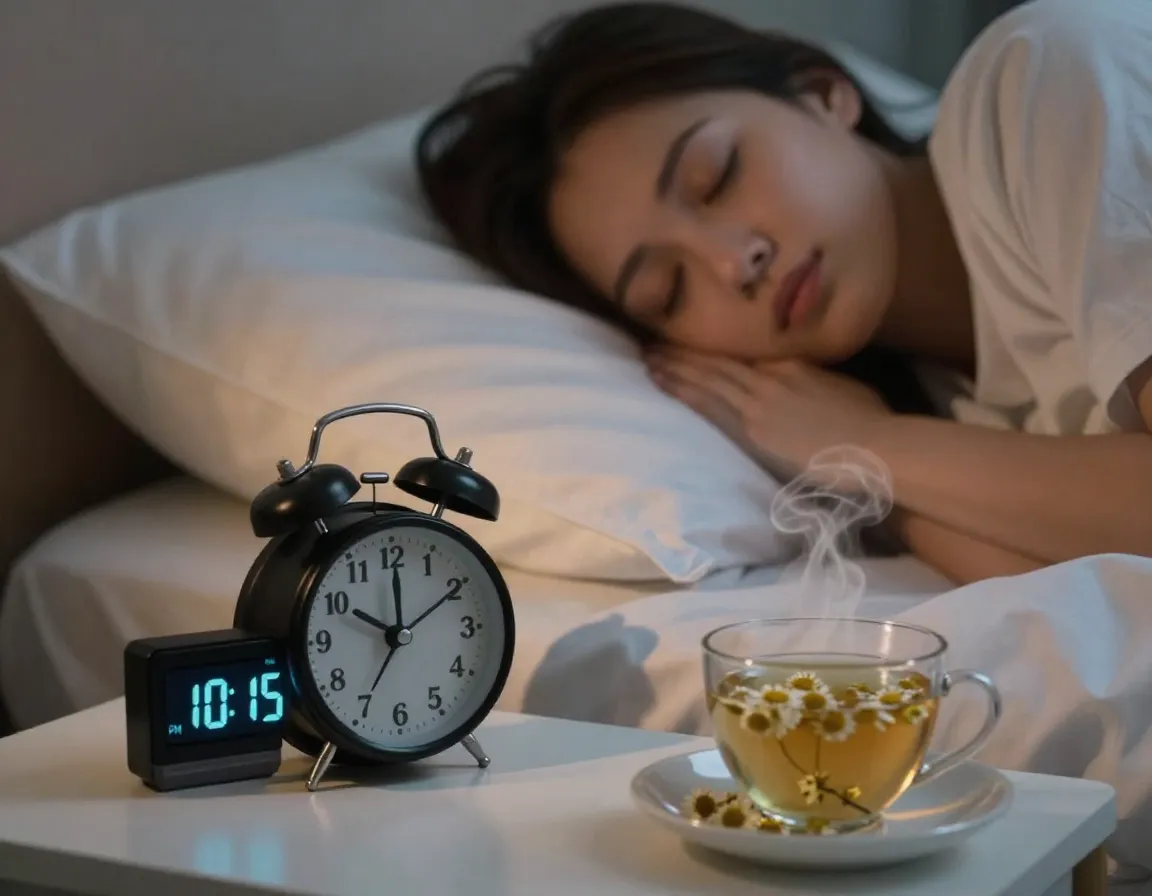 Person in bed with alarm clock showing fifteen minutes faster fall asleep