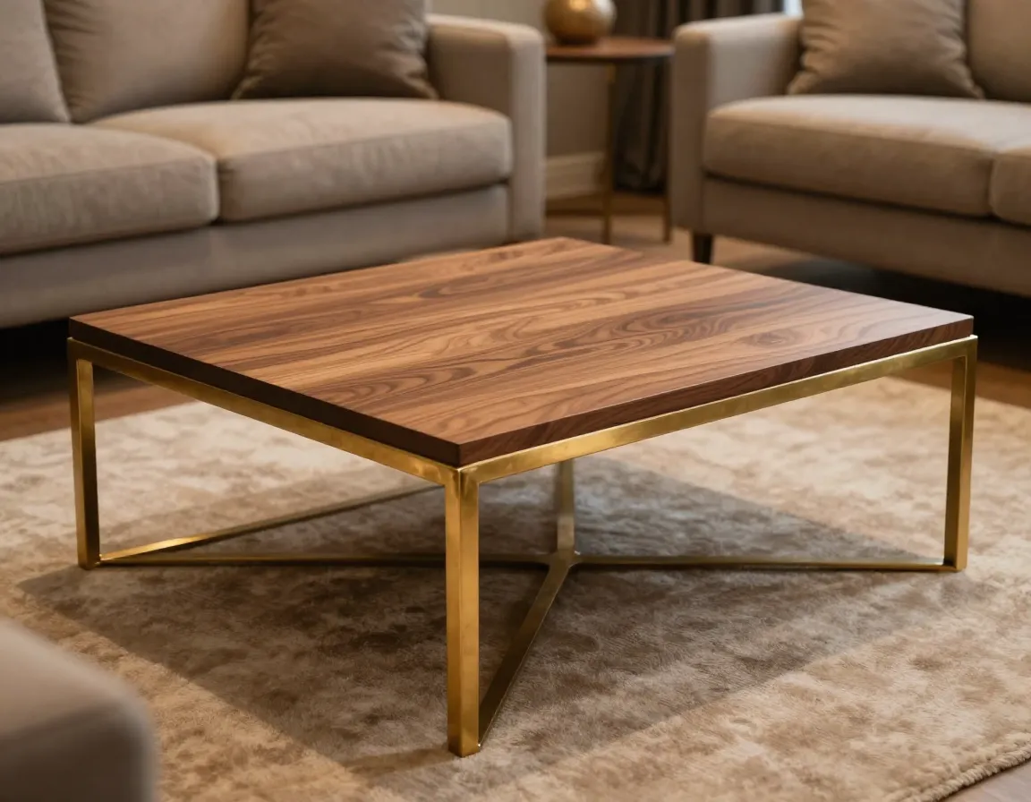 Brass and walnut contemporary coffee table warm metal trim