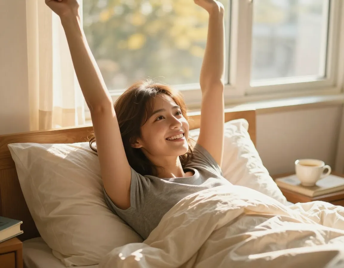 Person waking up feeling refreshed and energetic after quality sleep